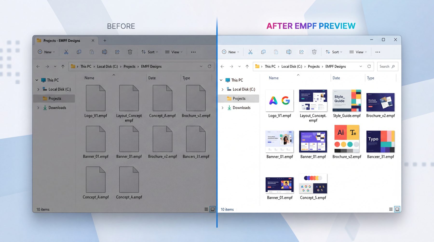 Windows Explorer showing visual eufyMake EMPF project thumbnails